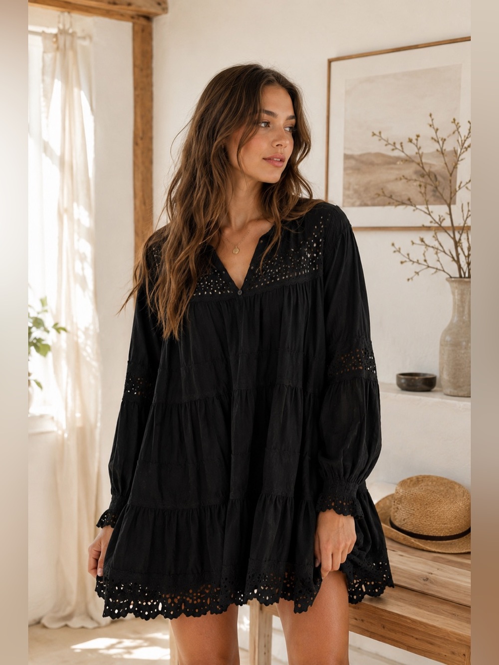 Anthropologie Maeve Black Long Sleeve Lace Mini Dress - Picture 2 of 7
